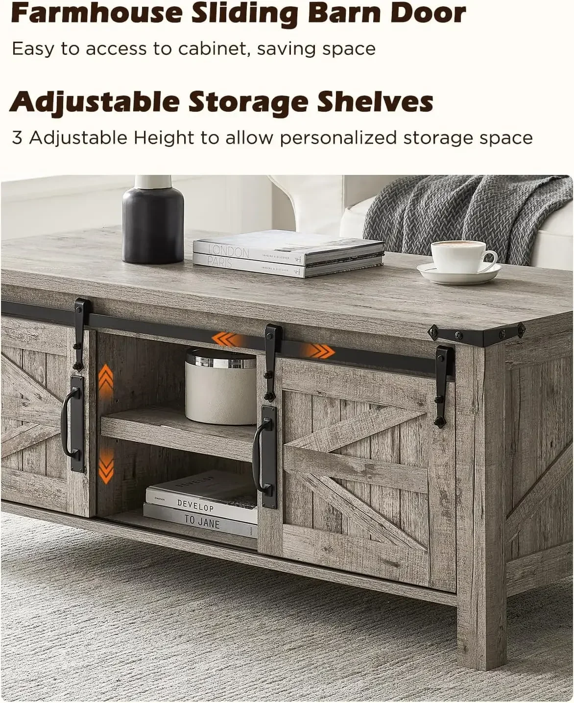 48" Farmhouse Lift Top Coffee Table with Sliding Barn Door,Rustic Center Table with Hidden Storage Compartment,Lifting Tabletop