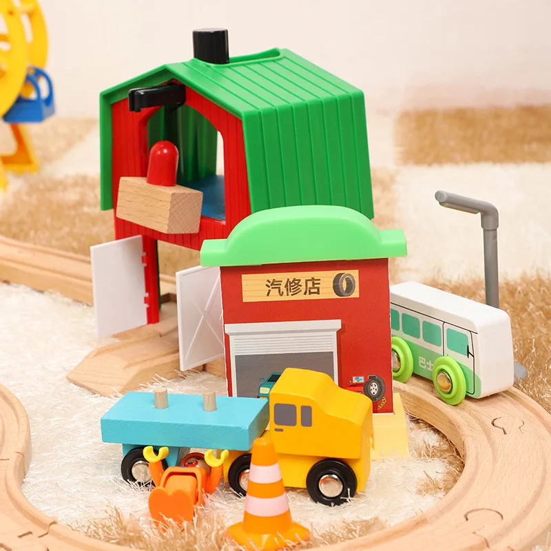 Airport Ferris Wheel Electric Small Train Double-Layer Wooden Track Set, Compatible With Branded Wooden Track Children's Toys