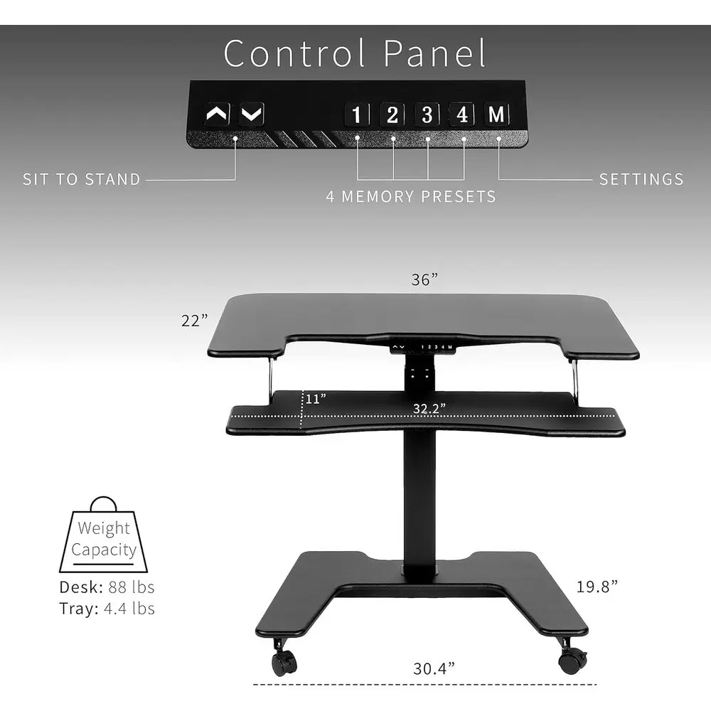 Black 36 Inch Dual Platform  Mobile Height Adjustable Standing Desk with Wheels Rolling Small Space  for Laboratory