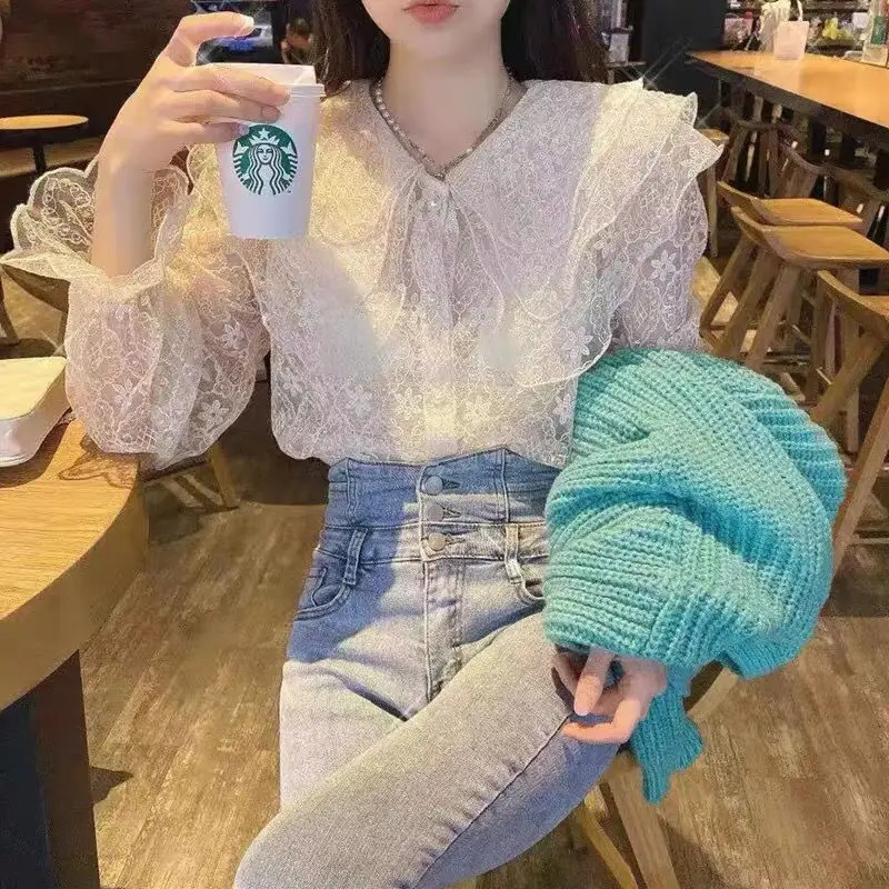 2024 Spring Autumn Fashionable Large Lapel Heavy Industry Lace Shirt for Women Western-style Trendy Doll Neck Elegant Loose Top