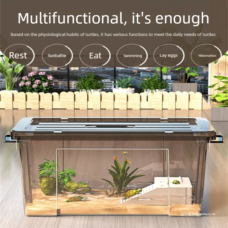 

Plastic turtle tank breeding tank with climbing platform and ecological cover to prevent escape landscaping
