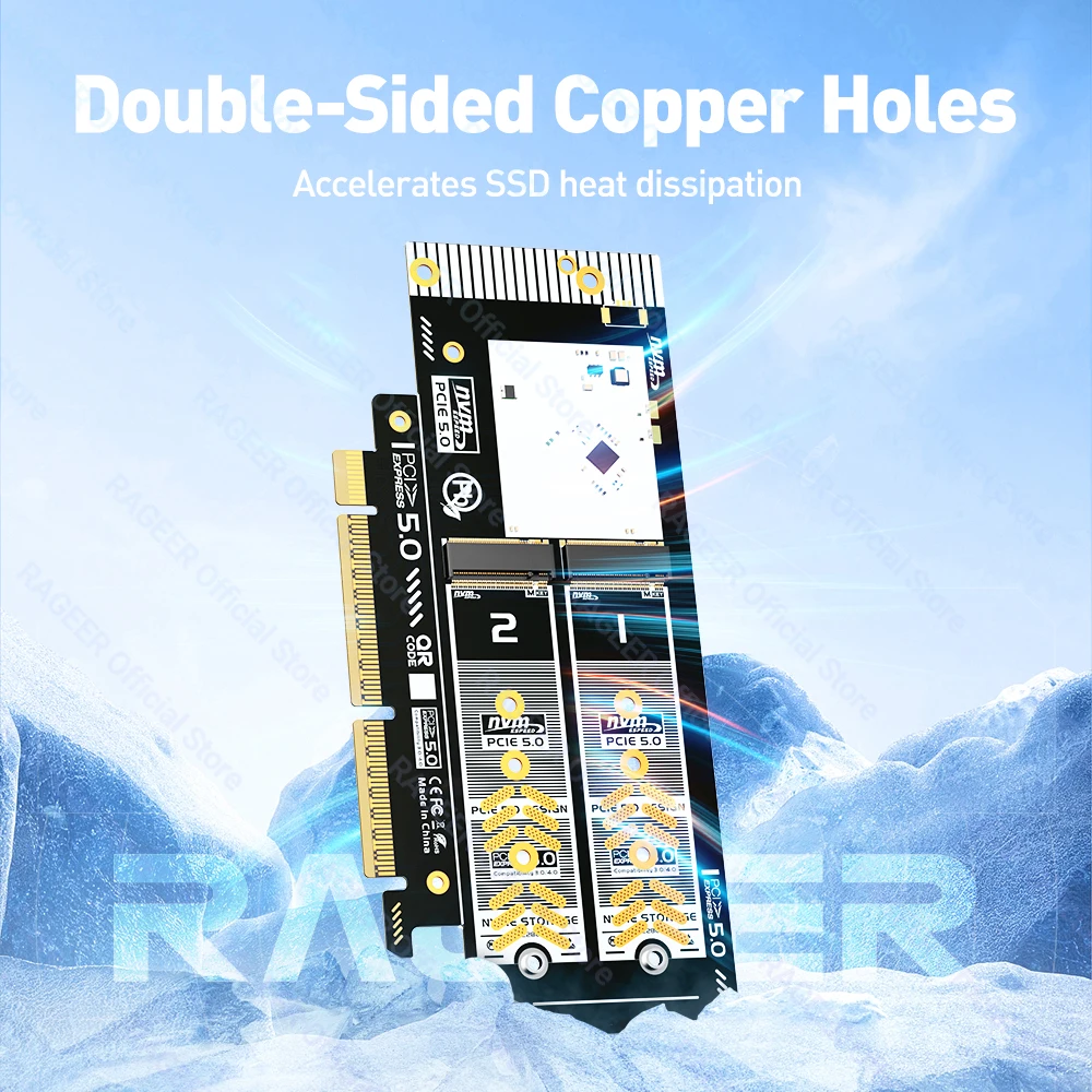 RAGEER PCIe 5.0 إلى Dual M.2 NVMe X16/X8 محول تمديد بطاقة الناهض 256Gbps فتحة للبطاقات لـ 2280/60/42/30 SSDs دعم RAID الناعم