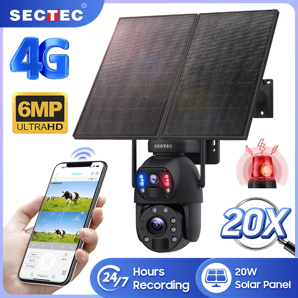 SECTEC 6MP 20X Zoom Solar Outdoor Security Camera, PTZ Waterproof CCTV with Night Vision for Home Yard Garden Surveillance