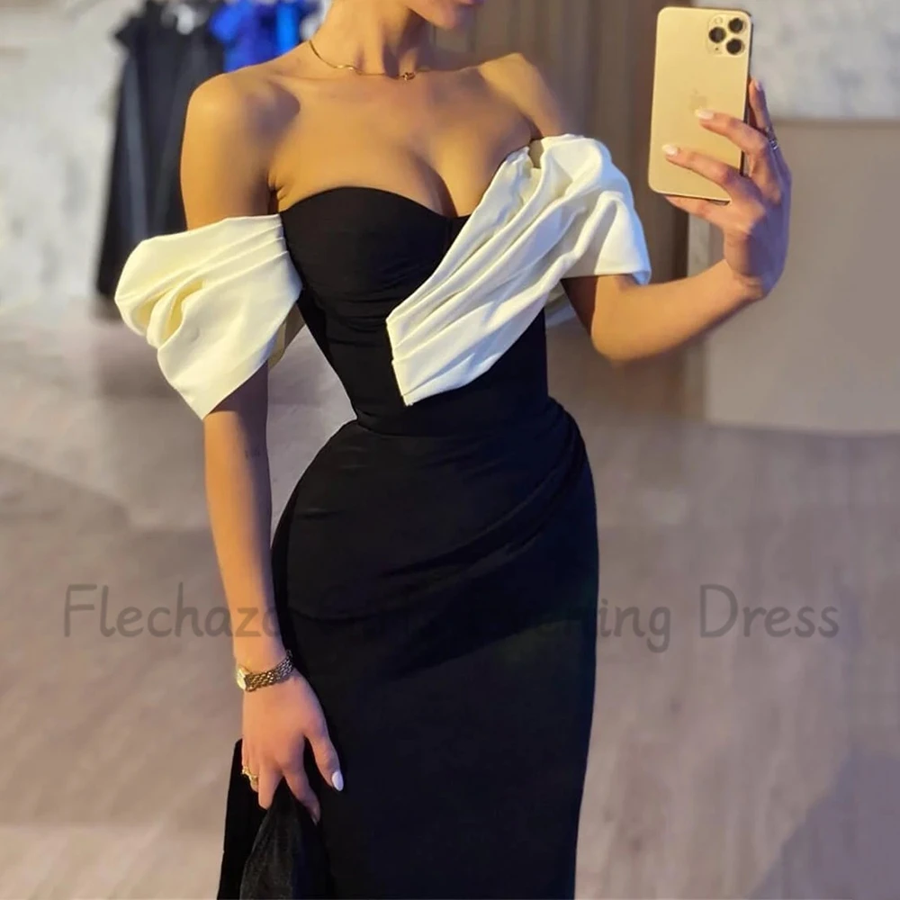 Flechazo Chic Sheath Evening Dress Pleat Off the Shoulder Short Sleeves Black and White Floor Length Women Party Event Gowns