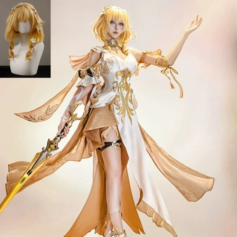 

Honkai Star Rail Aglaea Cosplay Costume Elegant White Dress Gold Bracelets Shoulder Cape Leaf Crown For Women Halloween Party