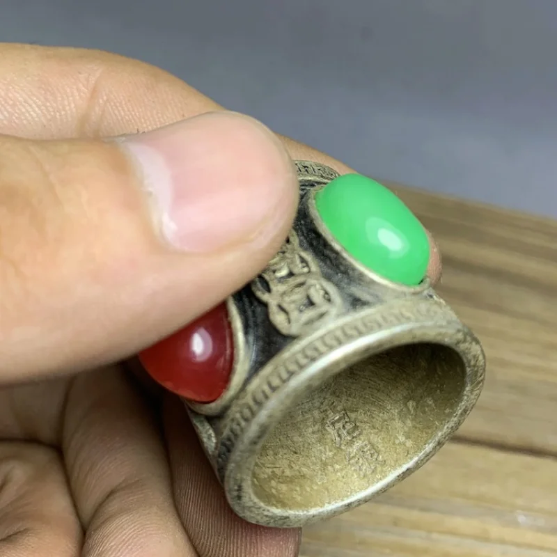 Antique Silver Plated Inlaid with Red and Green Gemstones Lucky Pattern Men's Thumb Ring