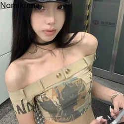 2023 Ropa Mujer Fashion Woman Tshirts Slash Neck Tunic Sexy Tees Off Shoulder Print Casual Y2k  Crop Tops Temperament T-shirt