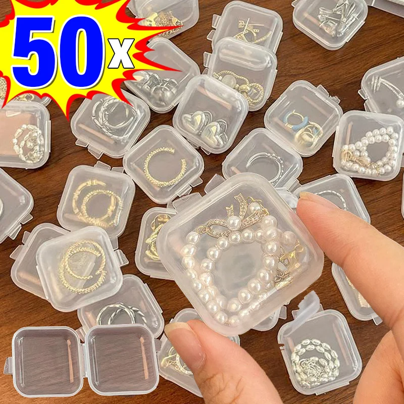 1/50PCS Mini Plastic Storage Box Portable Transparent Flip Cover Boxes Dustproof Jewelry Earplugs Ring Storage Container