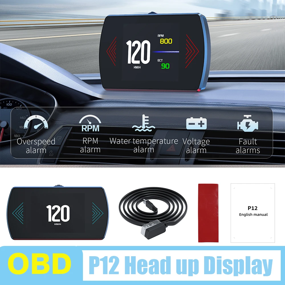 

P12 HUD OBD + GPS Speedometer Head Up Display Big Font projection With Fuel Consumption Auto Electronic Meters for Gasoline Cars