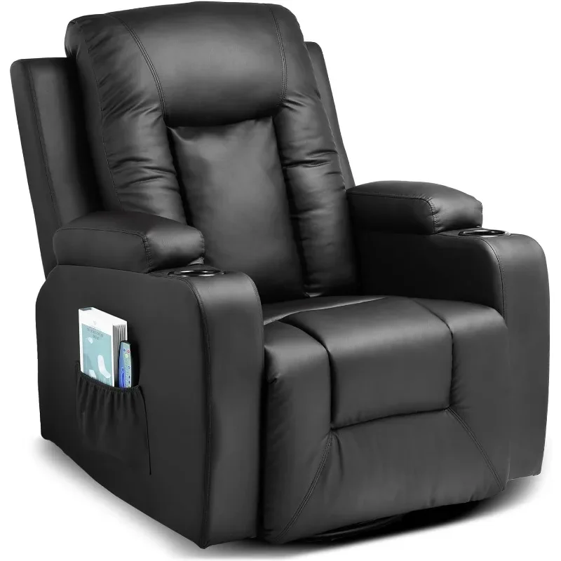 

Leather Recliner Chair Rocker with Heated Massage Ergonomic Lounge 360 Degree Swivel Single Sofa Seat Drink Holders