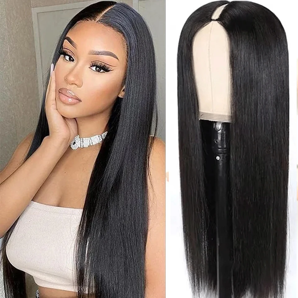 

V Part Wig Straight Human Hair Wigs For Women Glueless Brazilian Natural Color 200 Density Machine Made V Shape Wigs 30 34 Inch