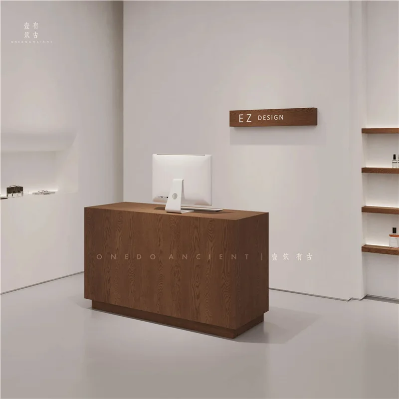 Fashion clothing accessories shop old wood grain checkout page reception counter reception bar table
