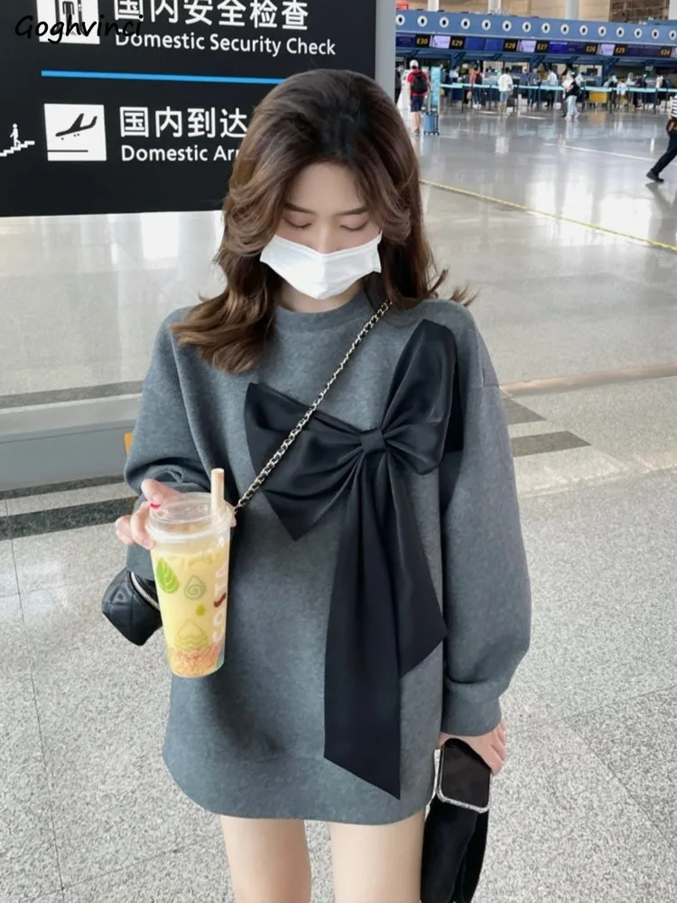 

Bow Sweatshirts Women Solid Sweet Lovely Casual Cozy свитер Korean Style Ropa Mujer Loose All-match O-neck College Early Autumn