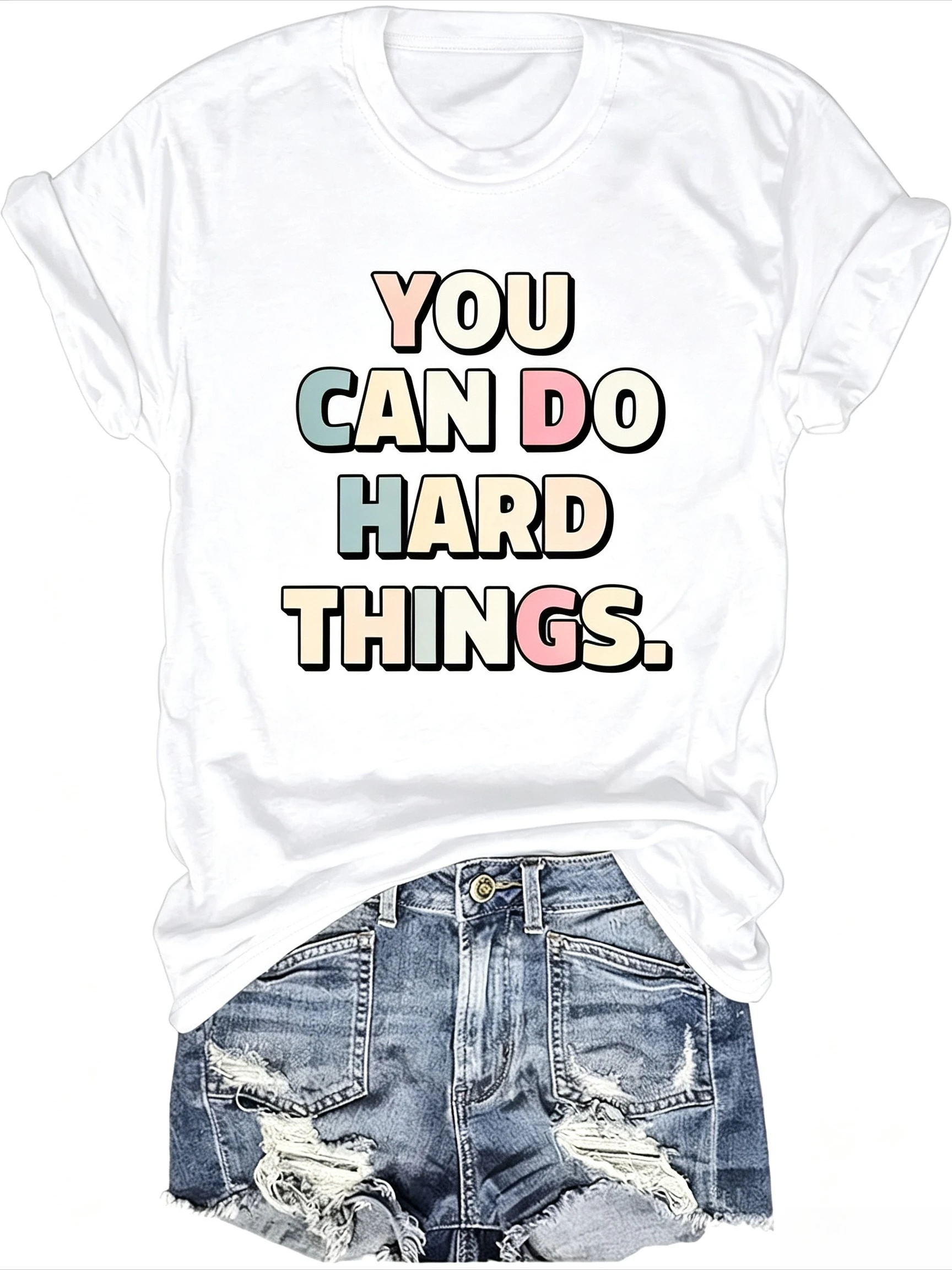 Colorful Letter Quote Design Womens Graphic Tshirt Positive Slogan Casual Streetwear Top Trendy Everyday Fashion Outfit Style