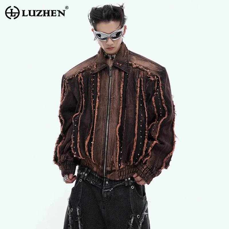 

LUZHEN 2024 Rivet Metal Decorate Burr Patchwork Design Denim Jacket New Personalized Stylish Streetwear Men's Outerwear LZ4729