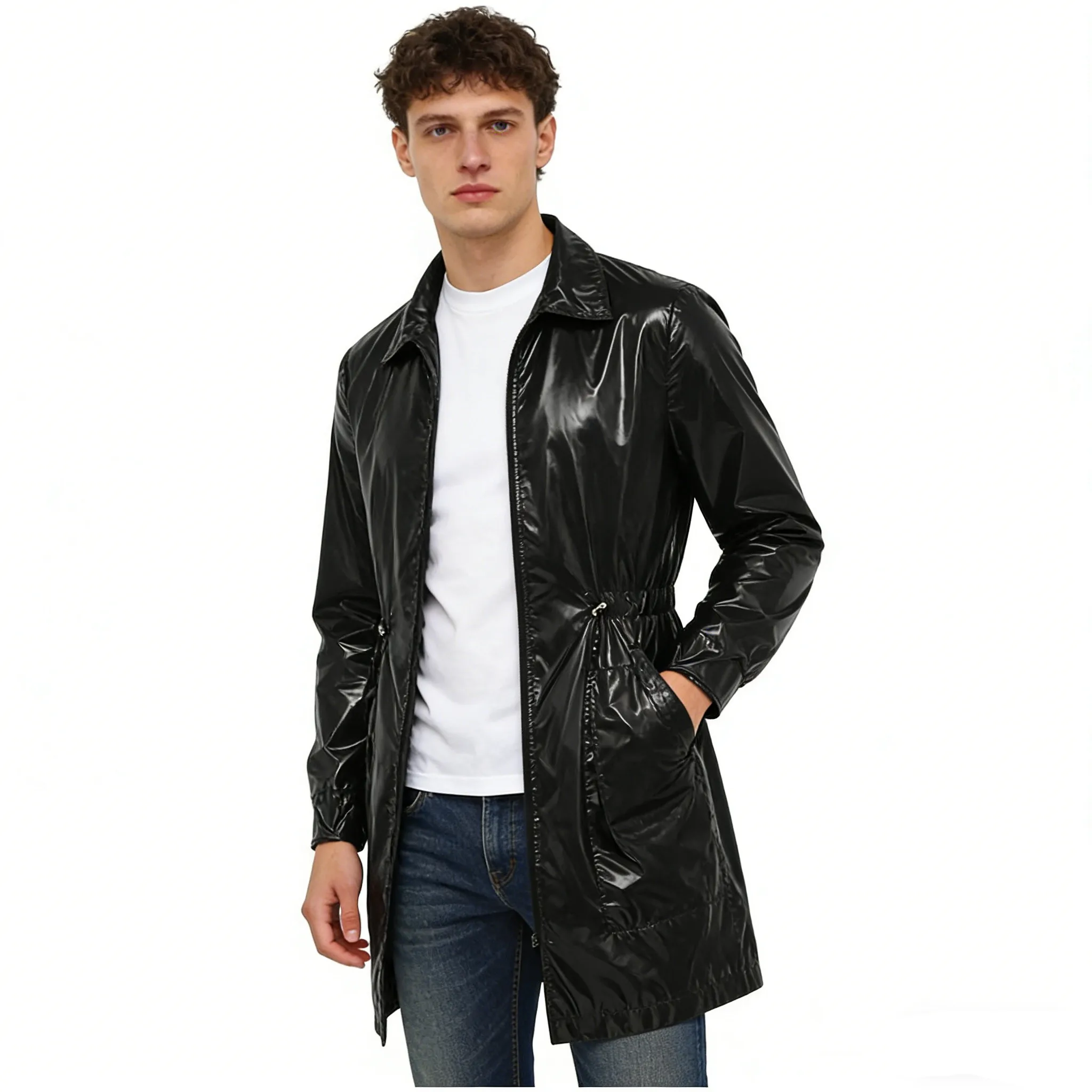 Men Glossy Waterproof Rain Jacket Long Sleeve Adjustable Waist Zip-up Raincoat with Pockets for Rainy Day Work Camping Hiking