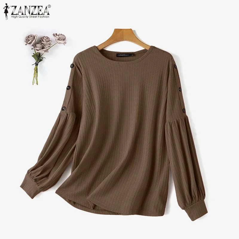 

ZANZEA Muslim Modest Fashion Ribbed T-Shirts Hijab Women O-Neck Lantern Sleeves Solid Color Tops Casual Islamic Woman Clothes