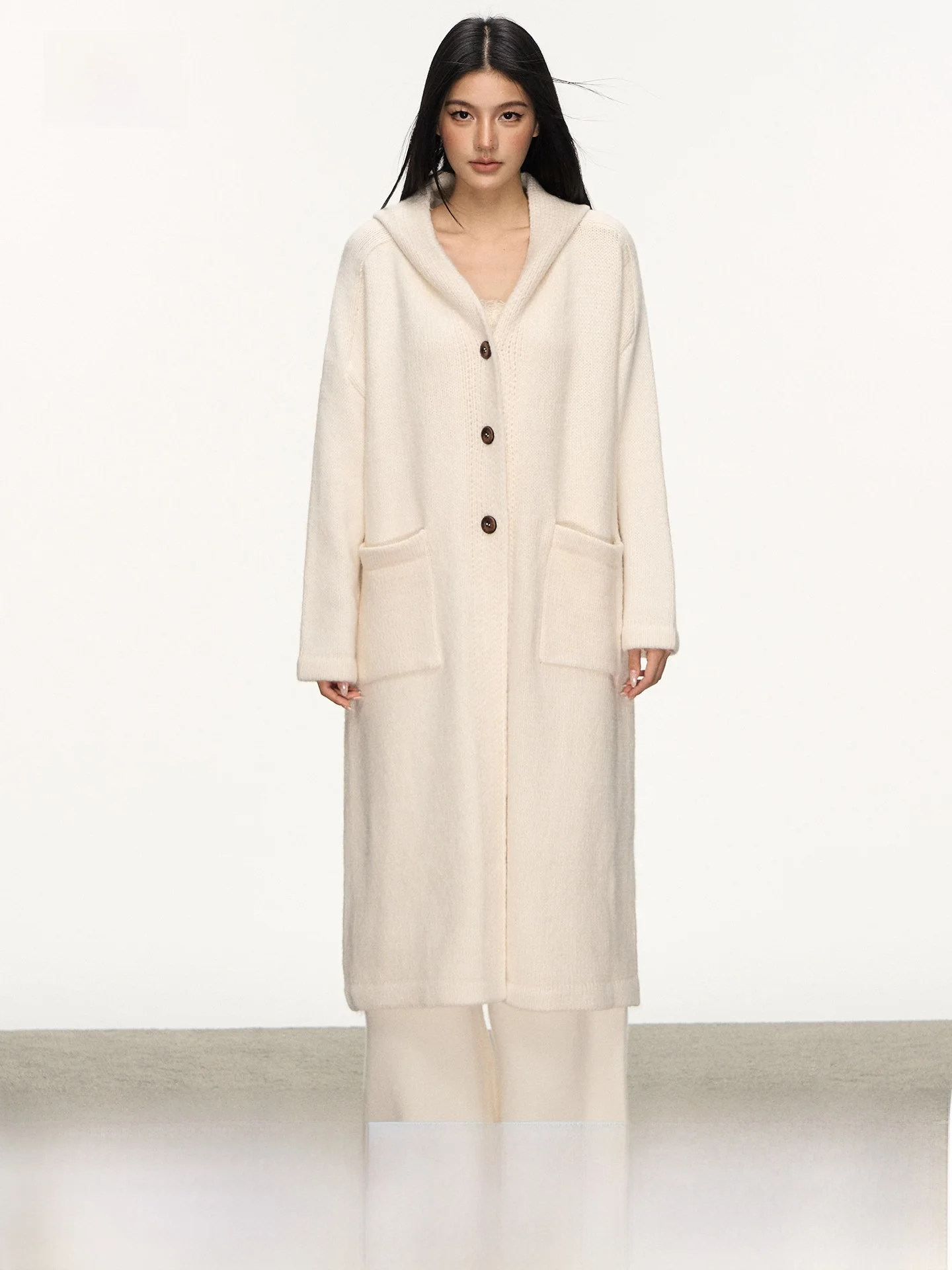

Anna Aneae Women's Long Hooded Knitwear Coat Winter High ade ket Button Loose Open Cardigan Outerwear Long Sve
