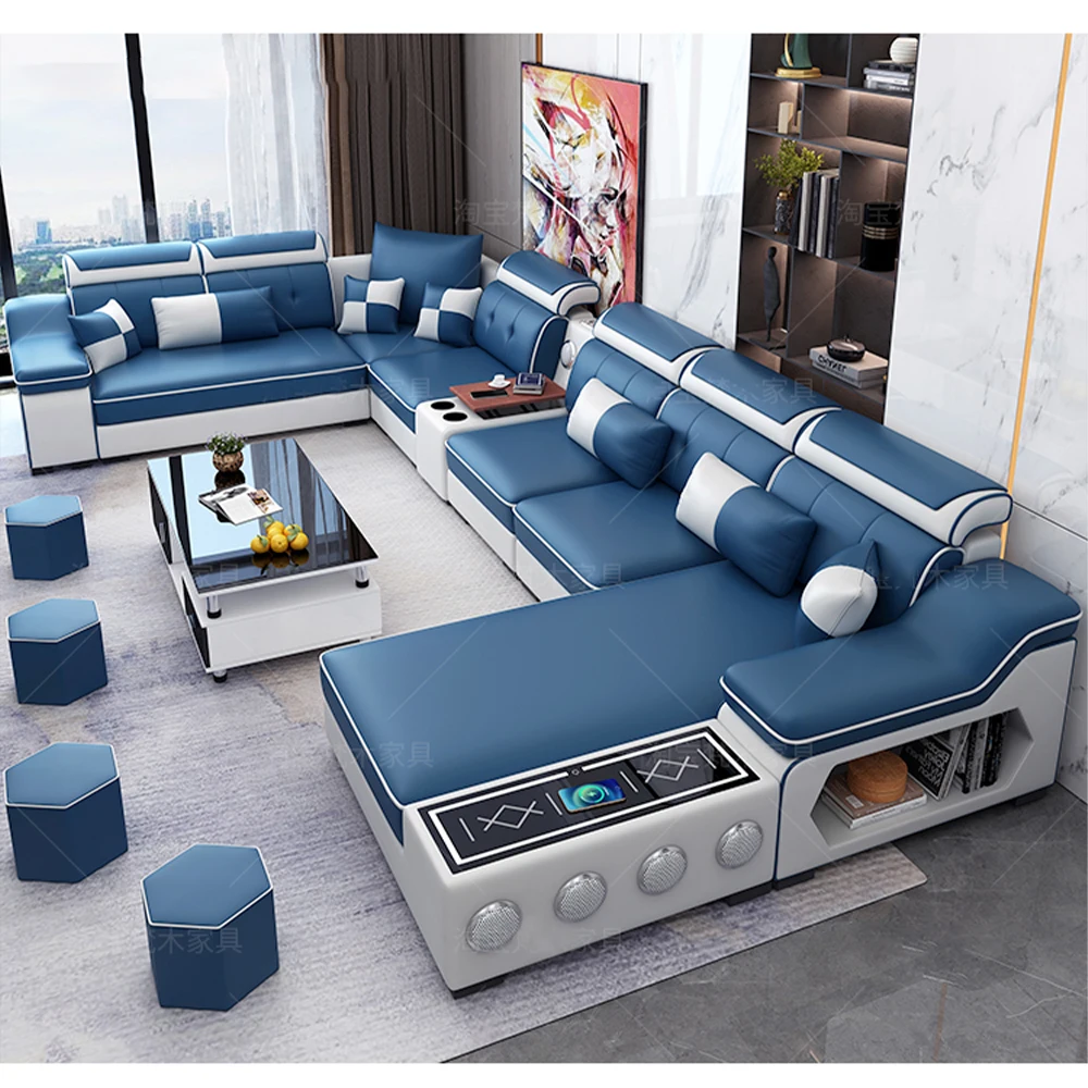 Linlamlim Modern Scientific Cloth Sectional Sofa Set with Chaise Lounge, Bluetooth Speakers, USB Charging Ports for Living Room