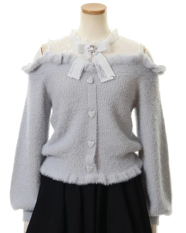 Single-Breasted Cardigan Sweater Japanese-Style Autumn Winter Sweet Woolen Off-Shoulder Lace Long Sleeve Short Knitwear