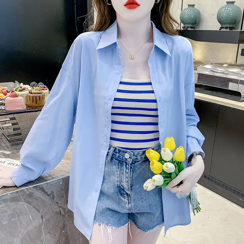 

Women's Clothing Solid Blue Chiffon Shirt Long Sleeve Summer Loose Fit Sun Protection Lightweight Korean Style New Top