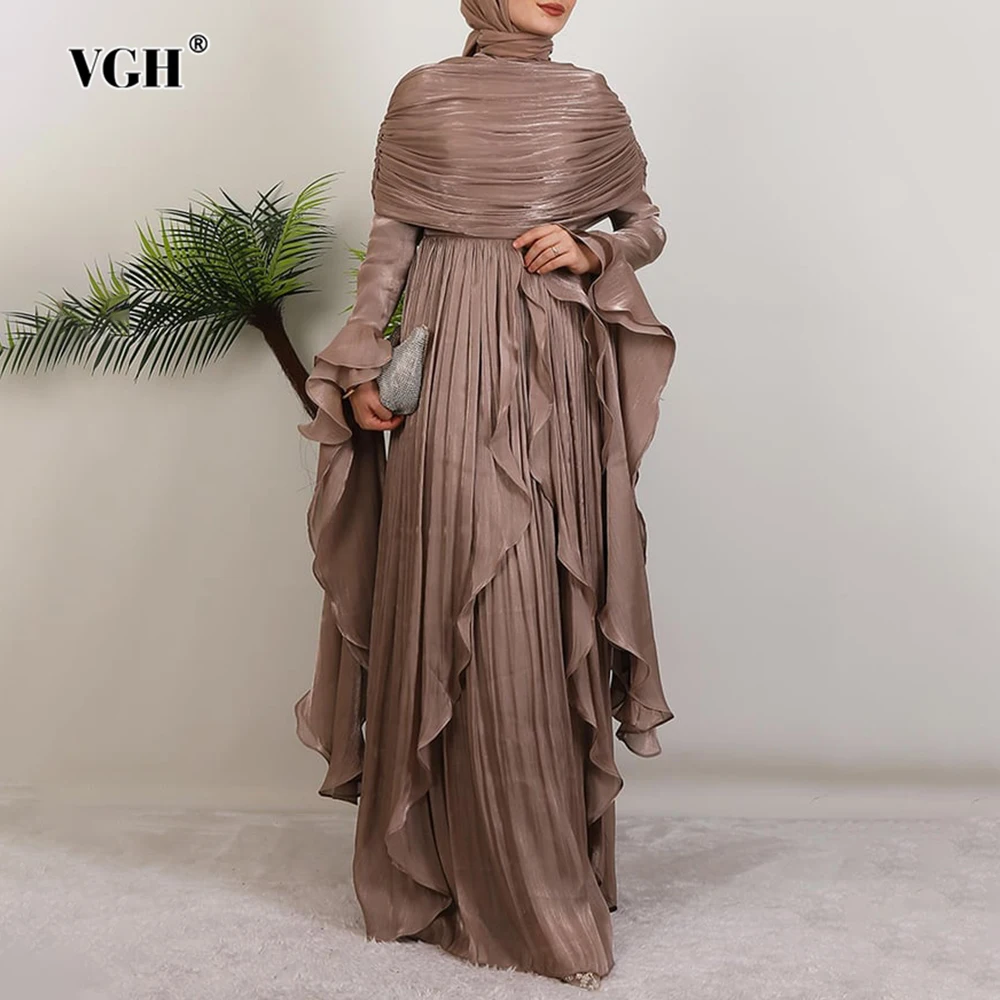 VGH Elegantes, luxuriöses Kleid im Schal-Stil für Frauen, O-Ausschnitt, Rüschenärmel, hohe Taille, gespleißt, Falten, lange Kleider, weiblich, Frühling, neu