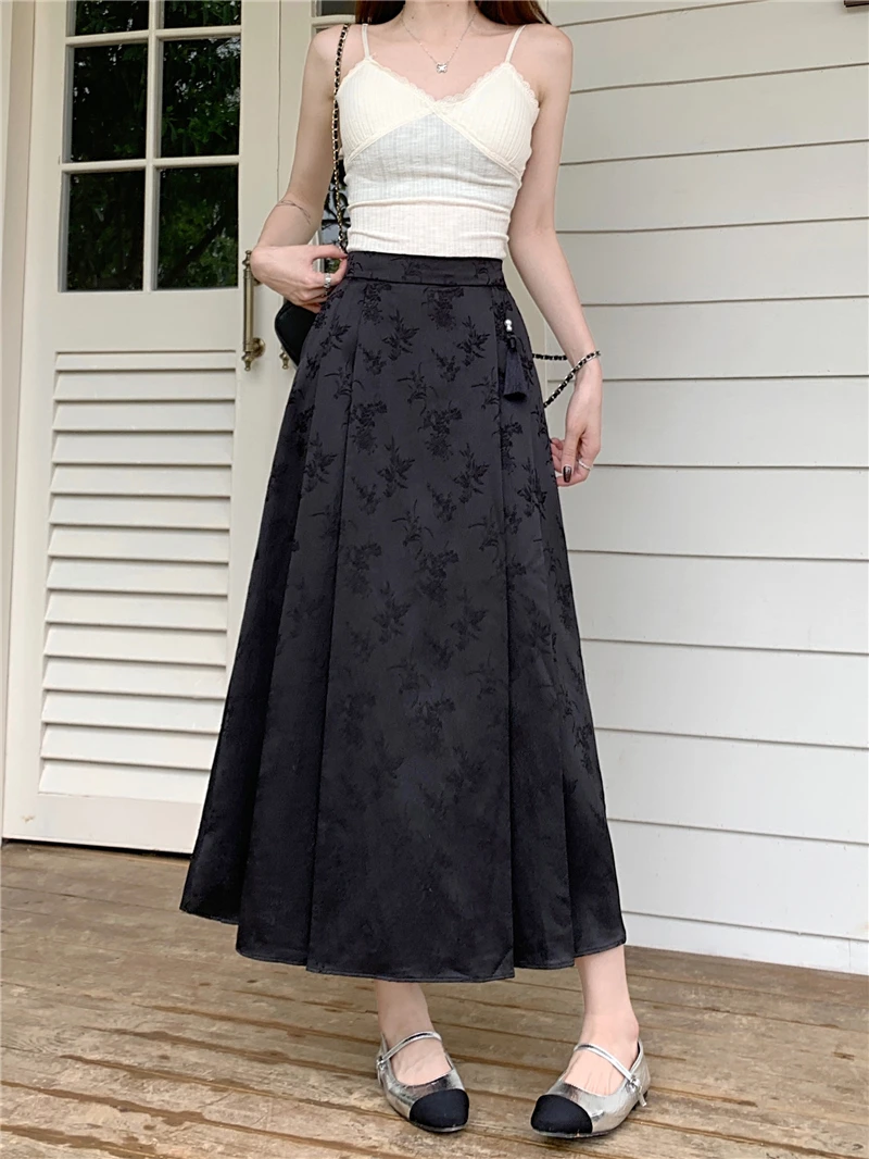 

2024 Summer New Chinese Halfskirt Elastic Waist A-line Horse Face Skirt Hundred pleats Long Dress Fashionable and Versatile
