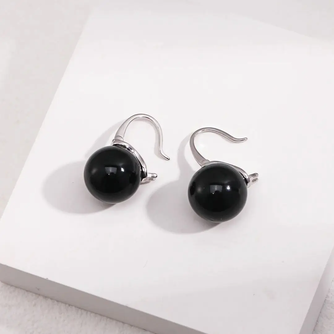 VOBIPY 925 Sterling Silver Earring Black Color Pearl Earring For Women Girl Wedding Party Gift Fashion Jewelry 14mm Shell Pearls