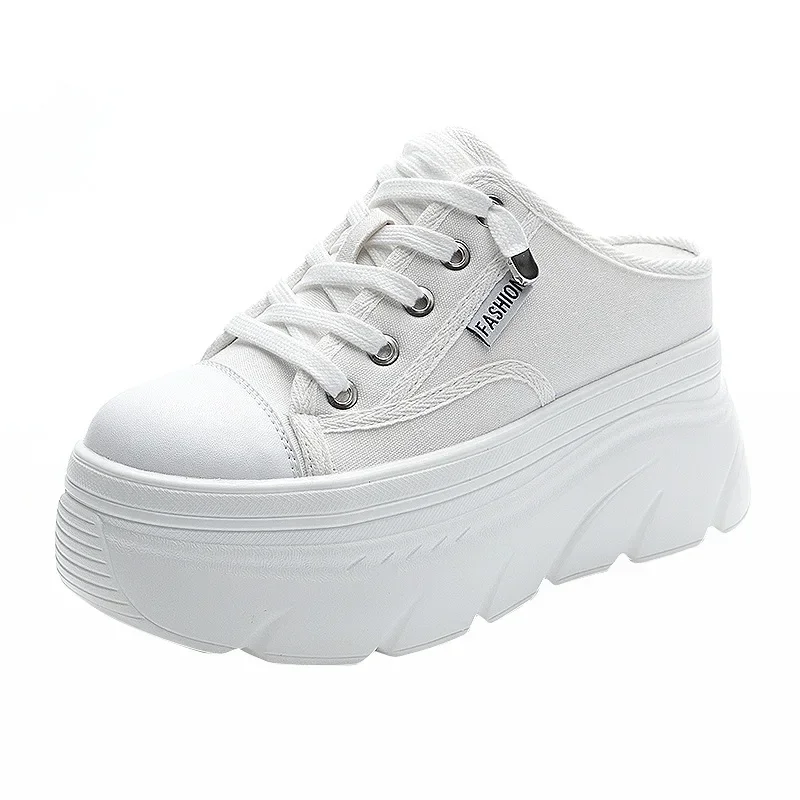 NEW Luxury Canvas Genuine Leather Women Summer Wedge Sneakers 9cm Platform Slippers Shoes Slip on Sandals Slideds High Heel Shoe