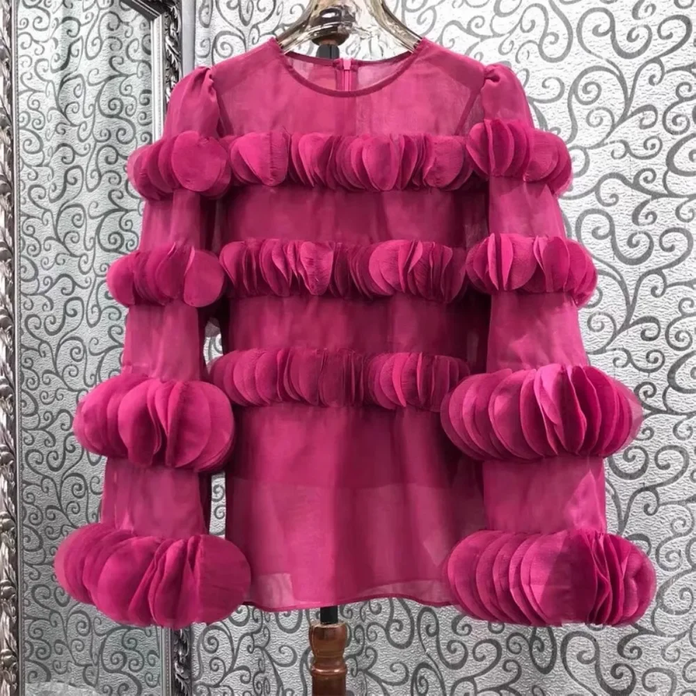 2025 Spring Unique Fresh Exquisite Women Clothing New Sweet All-match Top Personalized Long Sleeve Ruched Chiffon Shirt