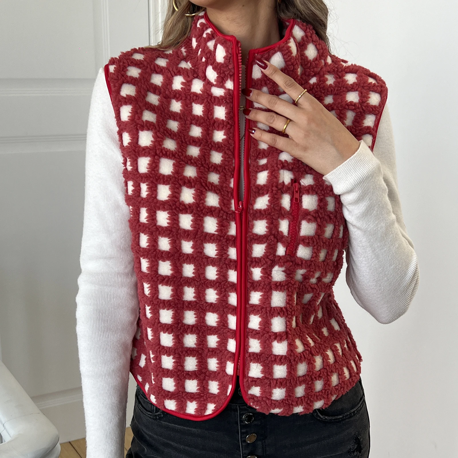 Dames fuzzy geruit vest mouwloos opstaande kraag vest met ritssluiting losse lente herfst warme uitloper