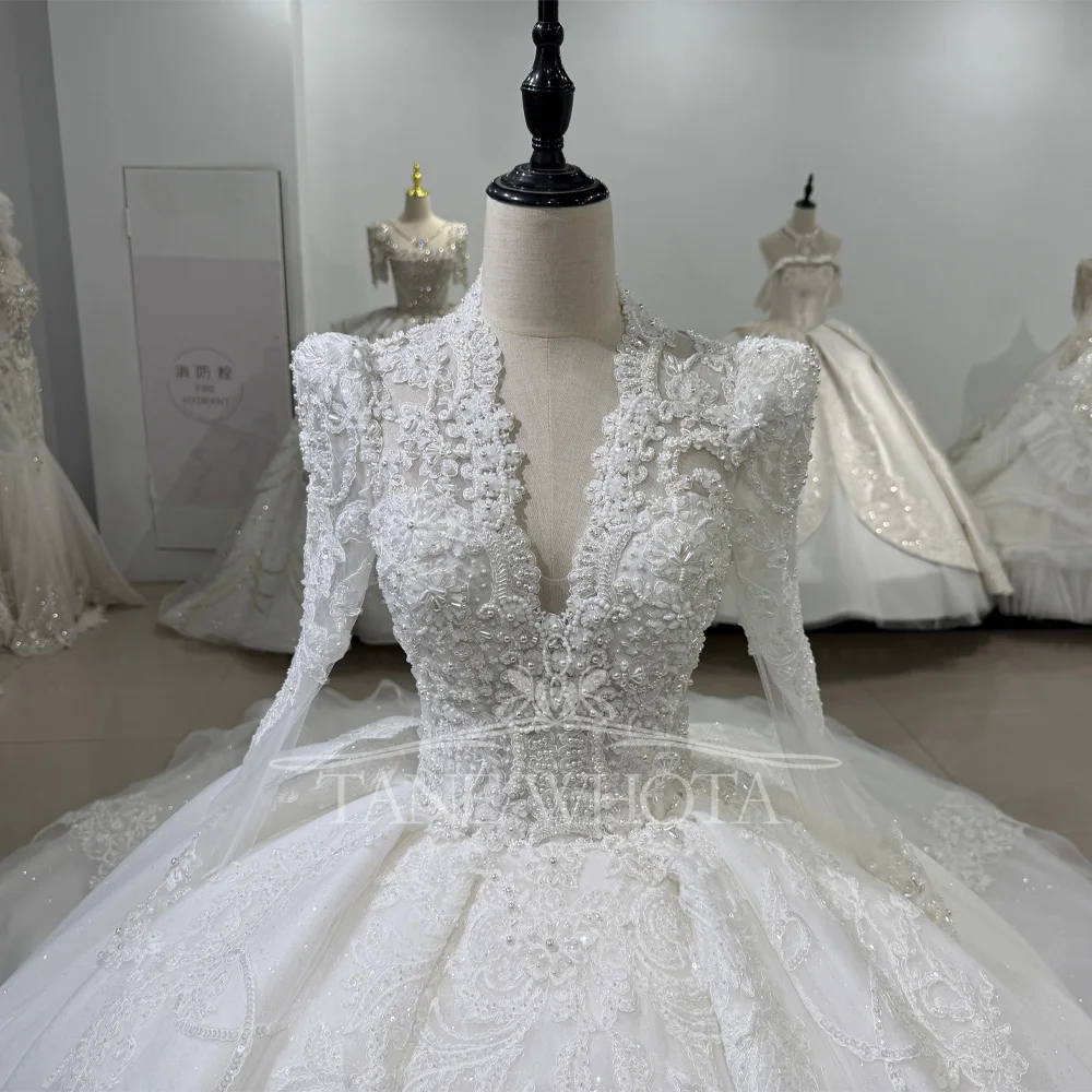 

Long Sleeve Beaded Bridal Wedding Dress Lace-Up Back Customized Ball Gown For Women Vestido De Noiva