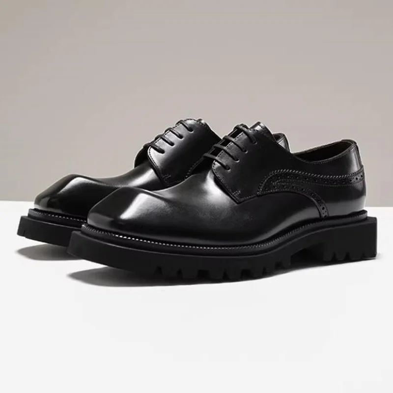 

High-end Calfskin Formal Leather Shoes For Men Square-toe Lace-up Anti-slip 4cm Thick-sole Office Shoes Derby Dress Shoes Man