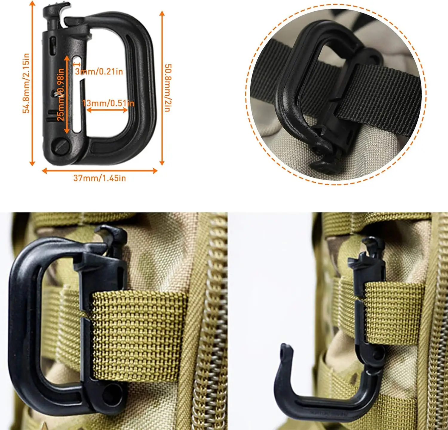Molle Accessories Kit of 32 Attachments D-Ring Grimloc Gear Clip Tactical Backpack Web Dominator Elastic Strap for 1“ Webbing