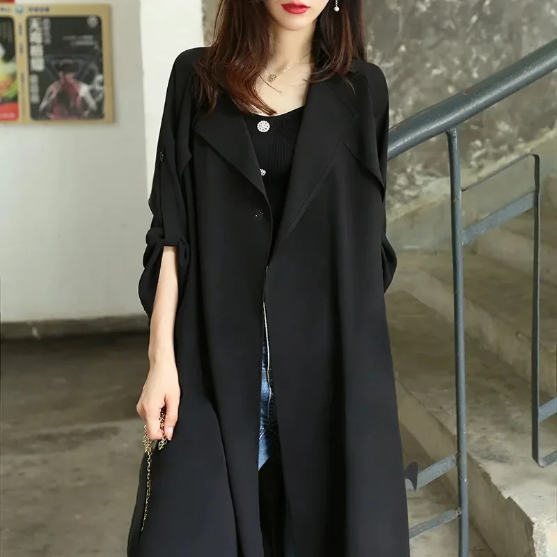 2025 New Summer Cardigan Sunscreen Coat Women Temperament Trench Coat Black Thin Long Fashion Windbreaker Outwear Female