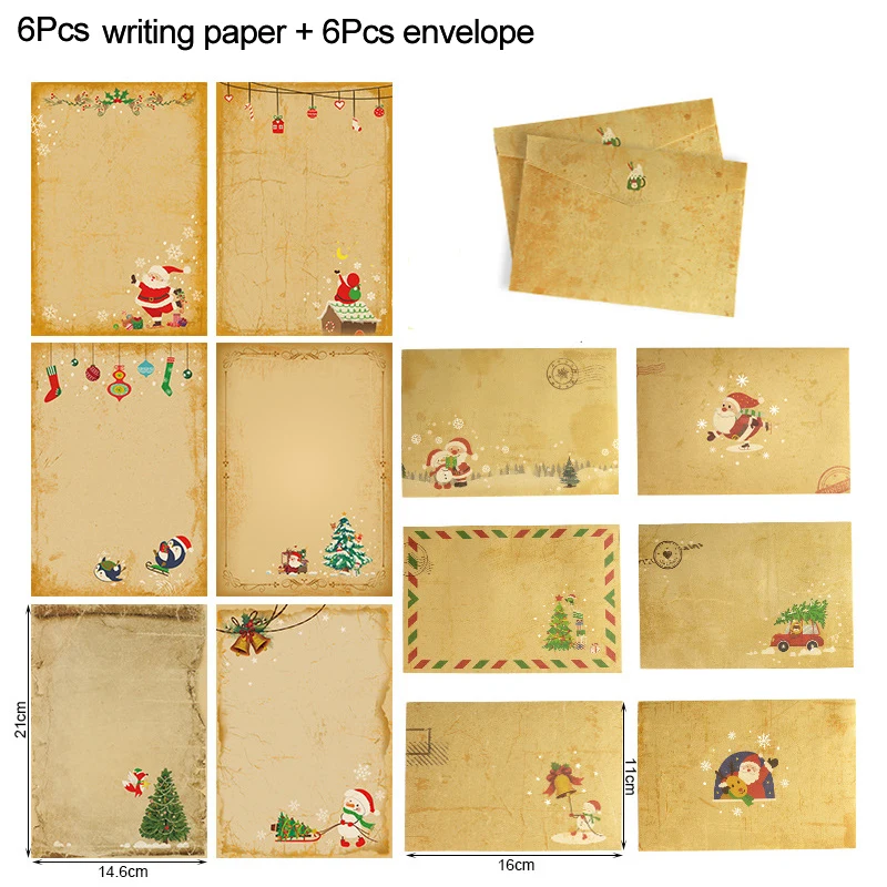 6pcs Vintage Christmas Kraft Letter Paper Santa Claus Snowman Letter Pad Gift Envelopes Xmas Party DIY Invitation Greeting Card