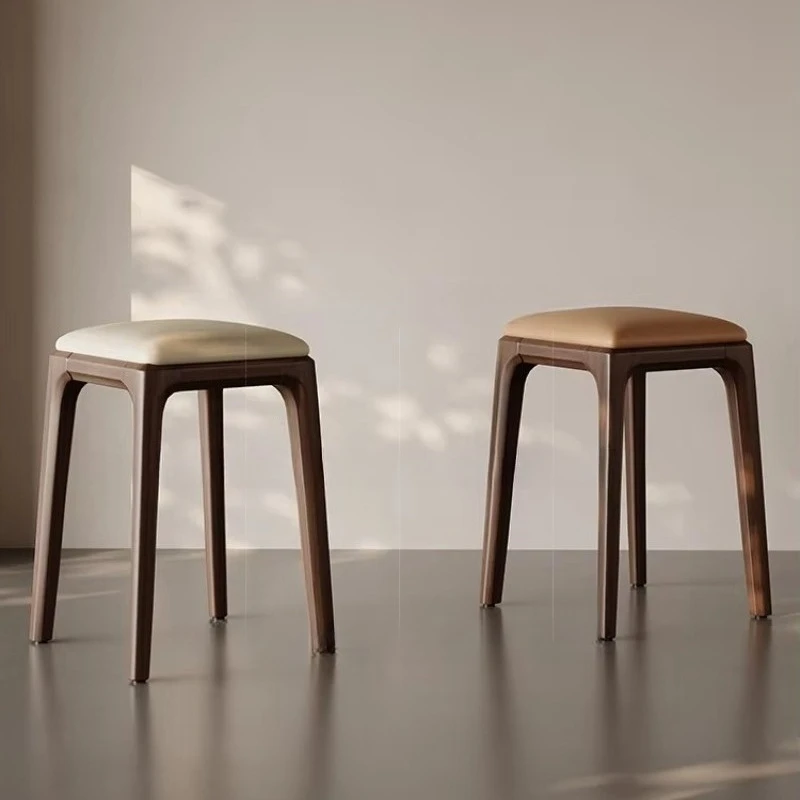 Retro Solid Wood Stackable Stool Minimalist Dining Chair with Backrest Home Vanity Seat Low Bench