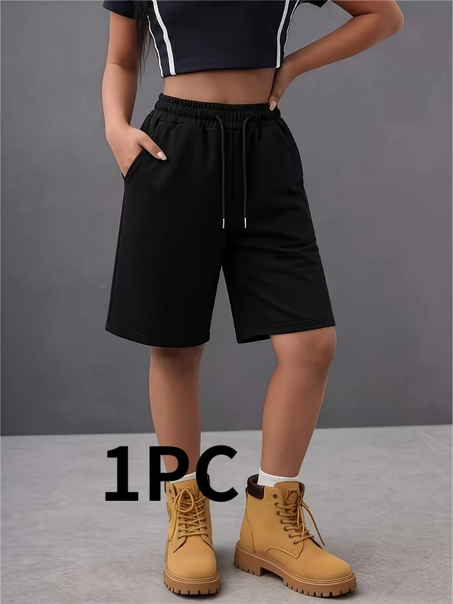 2pcs Girls' Knee-Length Pants, Perfect for Outdoor Waist-Cinching and Pockets, Summer Street Fashion Shorts