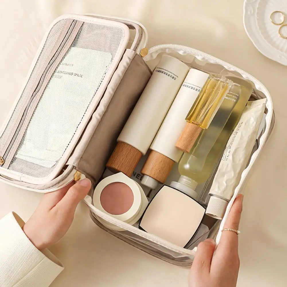 Fashion Transparent Makeup Cosmetic Bag With Handle Large Capacity Double Layer Makeup Bag Toiletry Zipper Bag