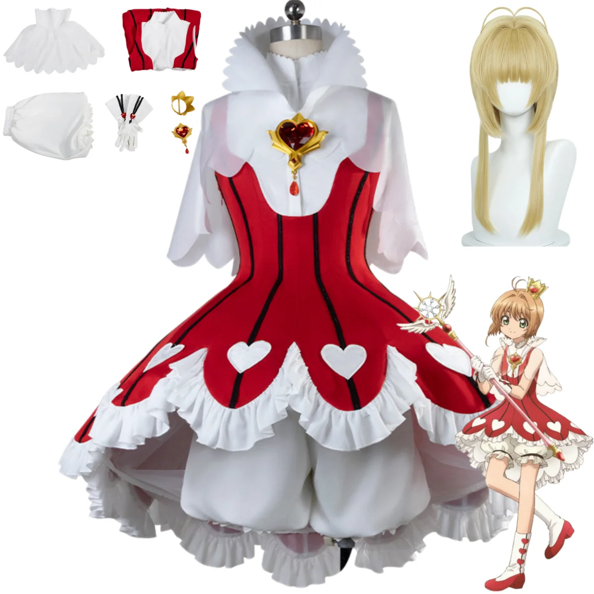Anime Cardcaptor Sakura Kinomoto Sakura Cosplay Costume Rose Heart Red Dress White Shawl Crinoline Suit Wig Woman Cute Party Set