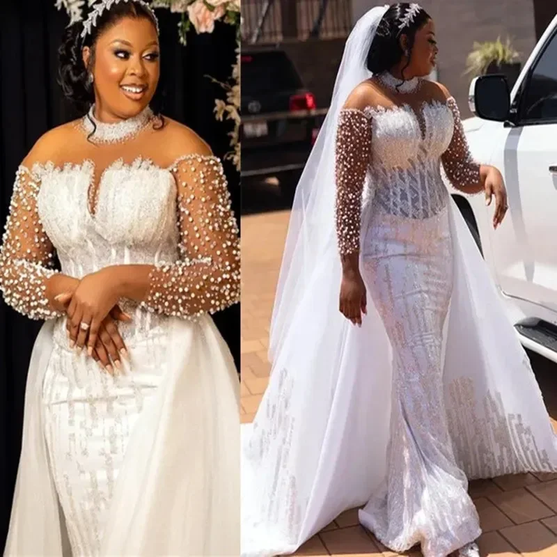 

Customized Sparkly African Beading Sequins Plus Size Wedding Dresses For Bride 2024 Illusion Long Sleeves Vestidos Bridal Gowns