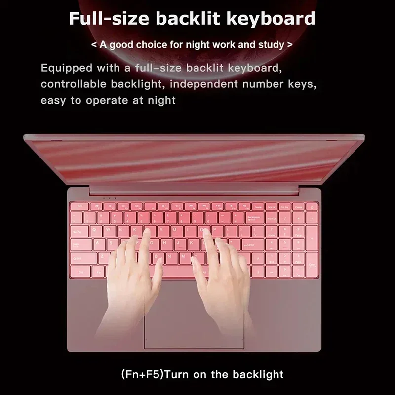 Pink 15.6" Laptop Powered by Windows 11 Intel Celeron N5095 16GB RAM 1TB SSD 2.4G+5G Dual-Band WiFi Ultra-Narrow Bezel Display