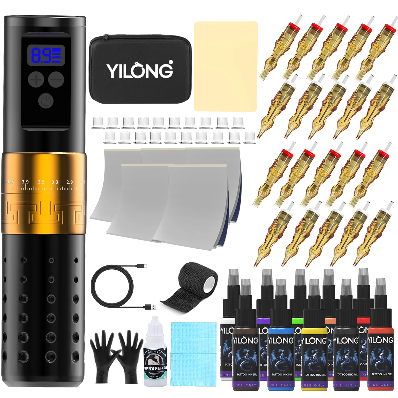 YILONG Complete Tattoo Kit Include 66PCS Accessories-Wireless Adjustable Stroke 2.7-4.5mm Tattoo Pen Set for Tattoo Artist