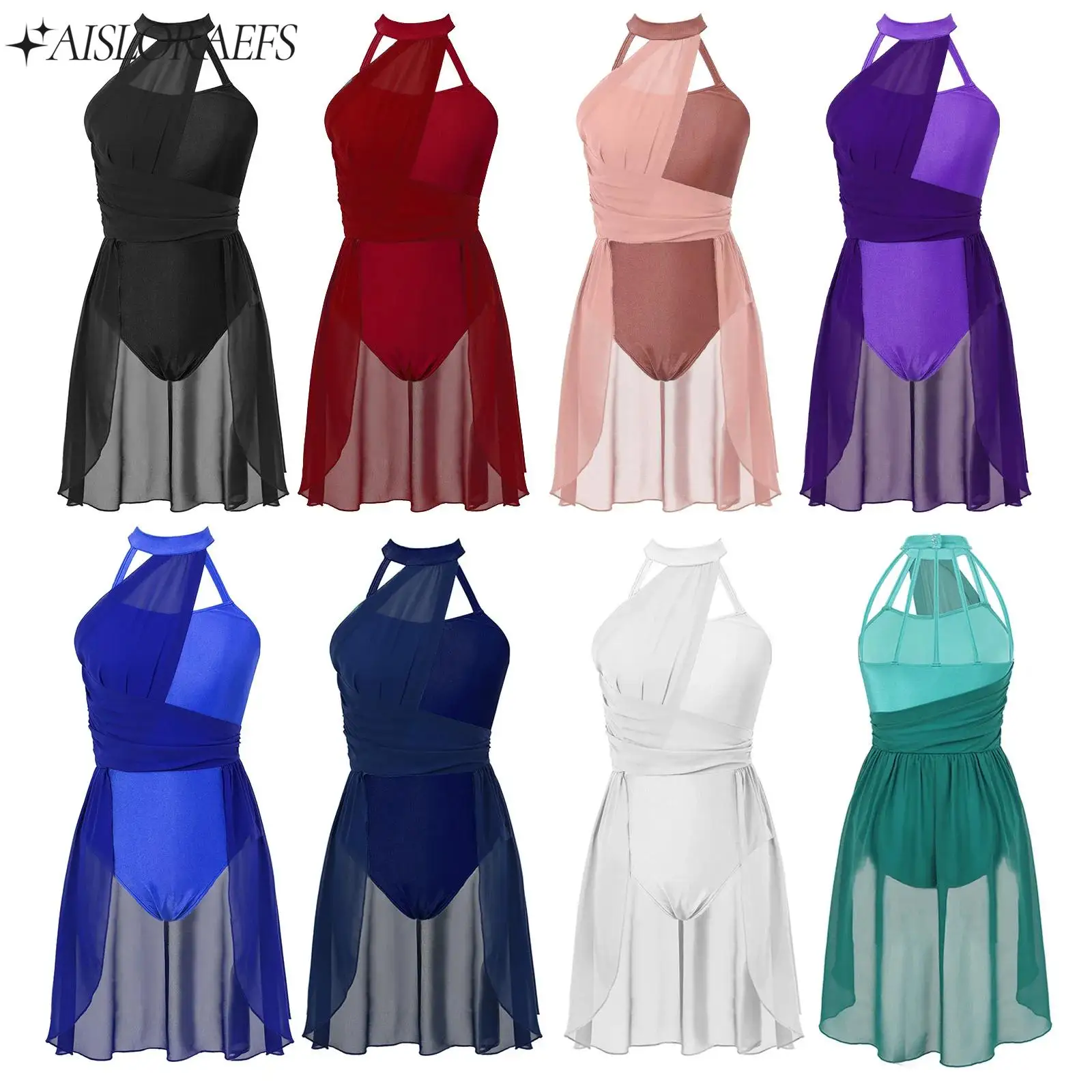 

Womens Lyrical Dance Dress Ruched Chiffon Patchwork Dancewear Back Strappy Sleeveless Leotard Dress for Stage Performance