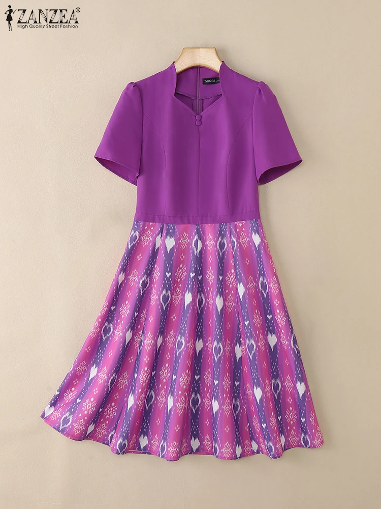 ZANZEA Vrouwen Stijlvolle Feestjurk Elegante Werkjurken Met Korte Mouwen Vierkante Hals Patchwork Vestidos Zomer Gedrukt Zonnejurk