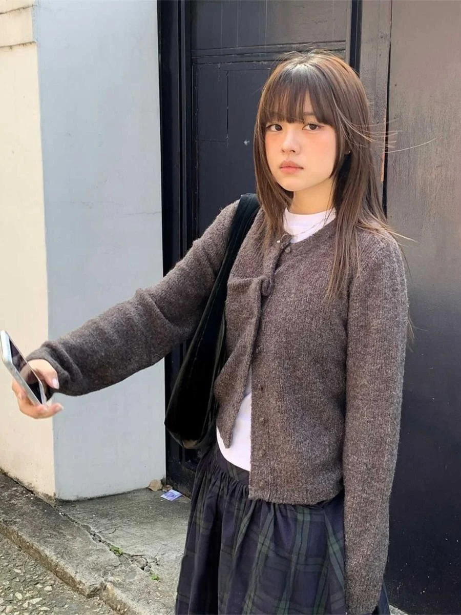 Korean Sle round Ne Long Sve Knitted Sweater Cardigan Simple Casual Single Button Pure Color Versatile Winter Clothing