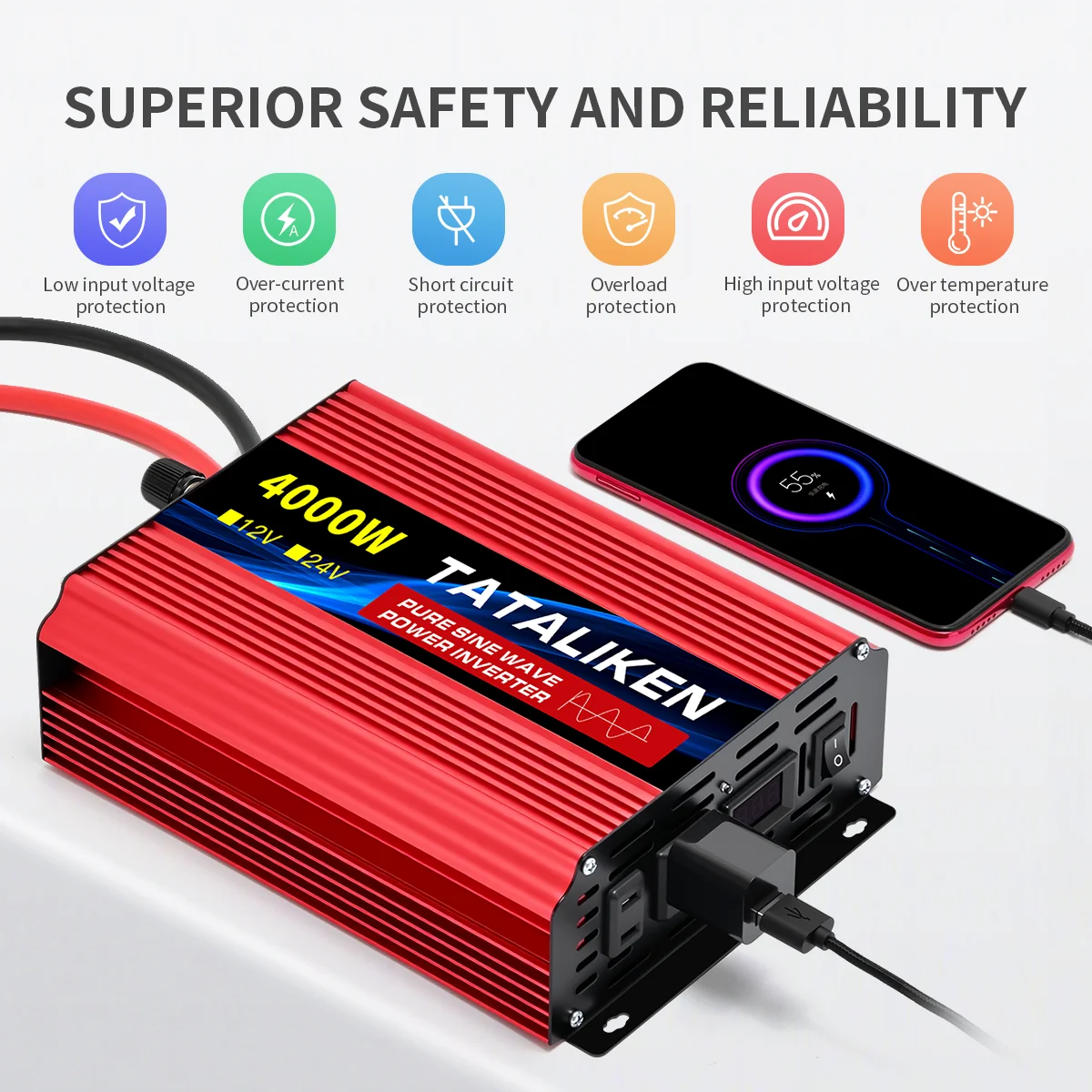 مقبس الولايات المتحدة 24 فولت إلى التيار المتناوب 110 فولت 60 هرتز نقية شرط لموجة العاكس قوة السيارة 1000 واط/4000 واط/7000 واط/8000 واط محول الجهد المحمول مع LED