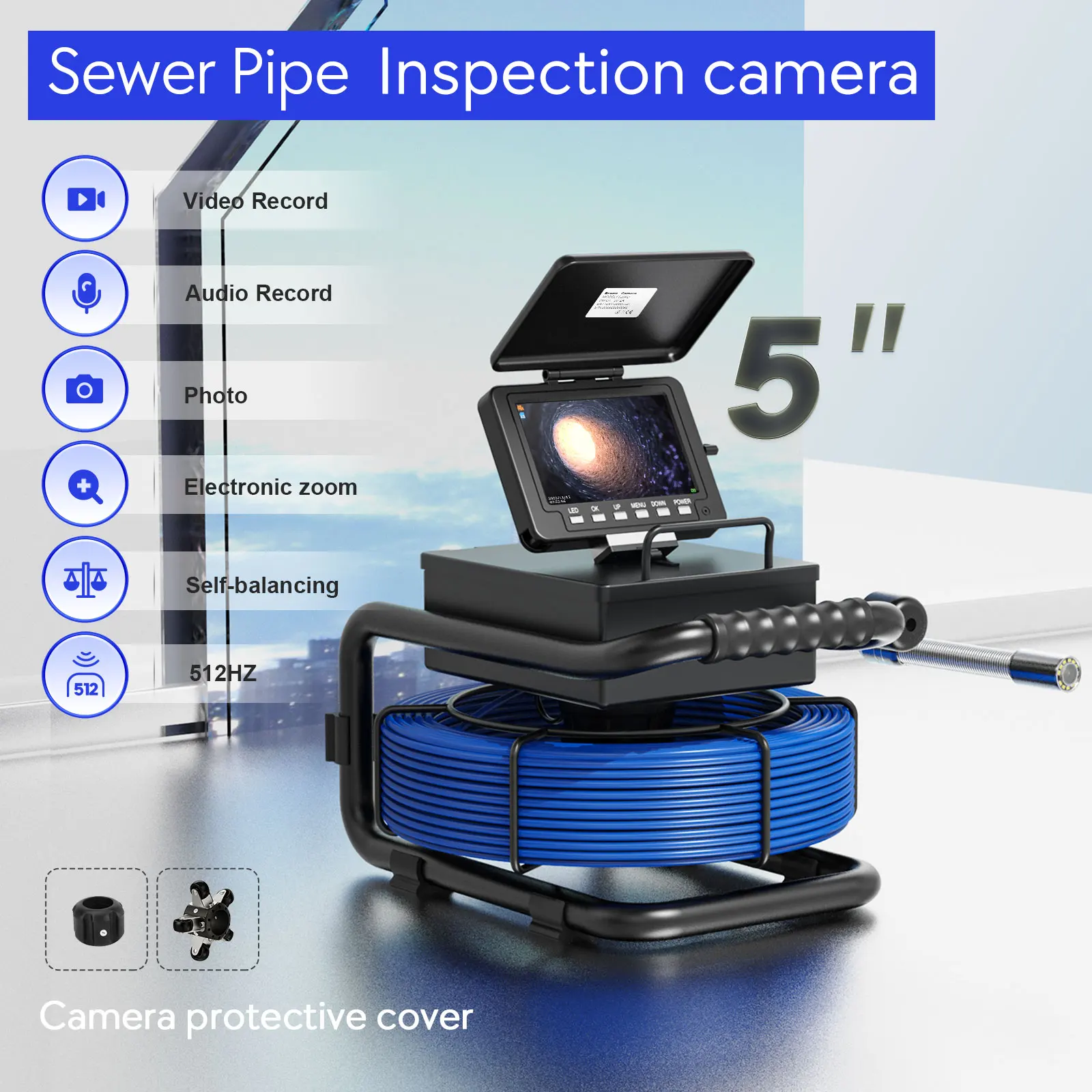 

Pipe Inspection Camera 5 Inch+ Self-Leveling 512HZ Transmitter+Audio Recording+DVR Drain Sewer Inspection Video Endoscope Camera