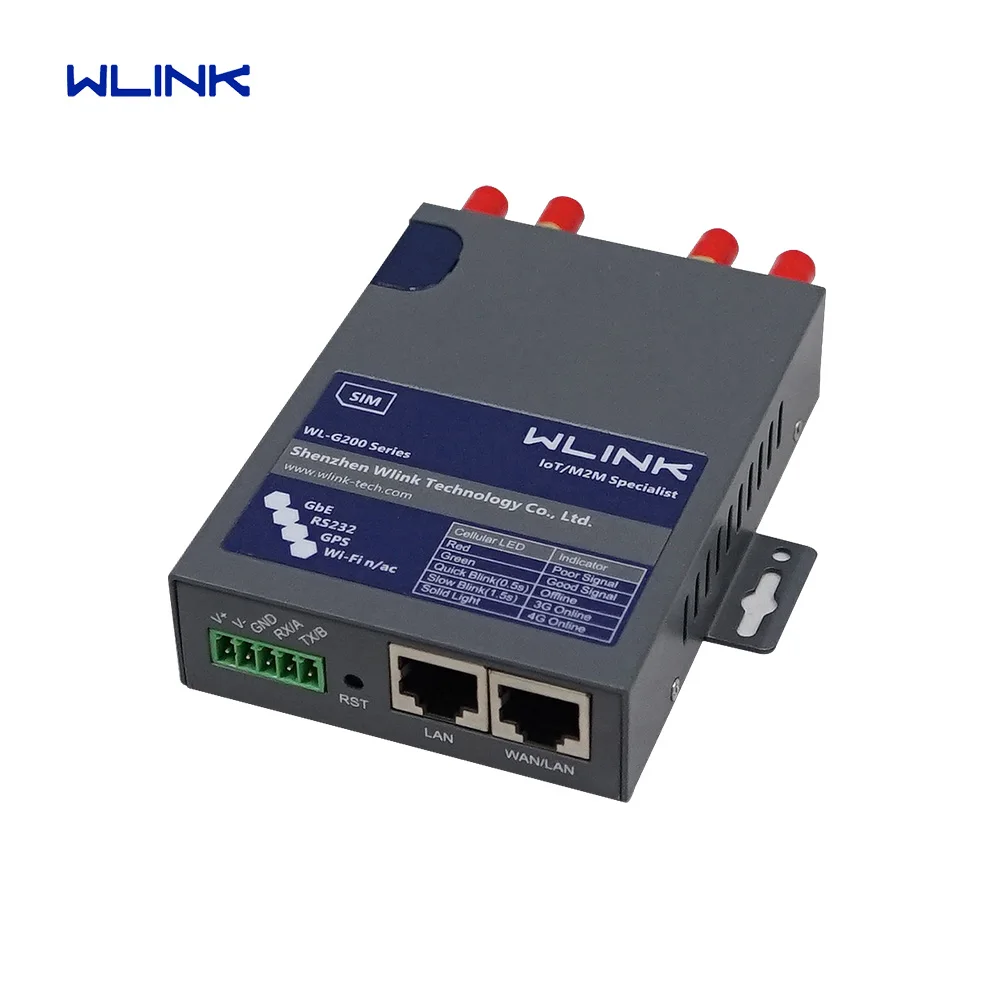 WLINK G200 M2M SIM card Gigabit 4G Router  Cat4 RS232 RS485 OEM Industrial 4G Router