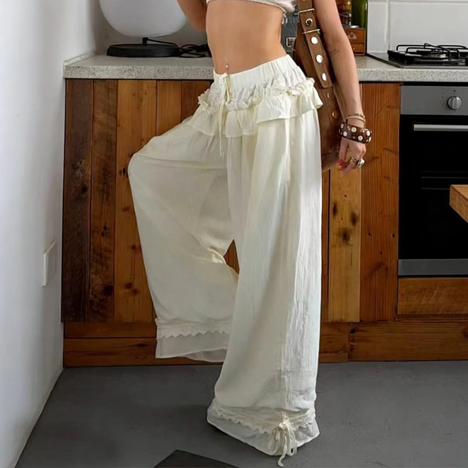 Women Cream Ruffle High Waist Wide Leg Pants Lace Trim Drawstring Hem Loose Casual Beach Palazzo Trousers Summer Holiday